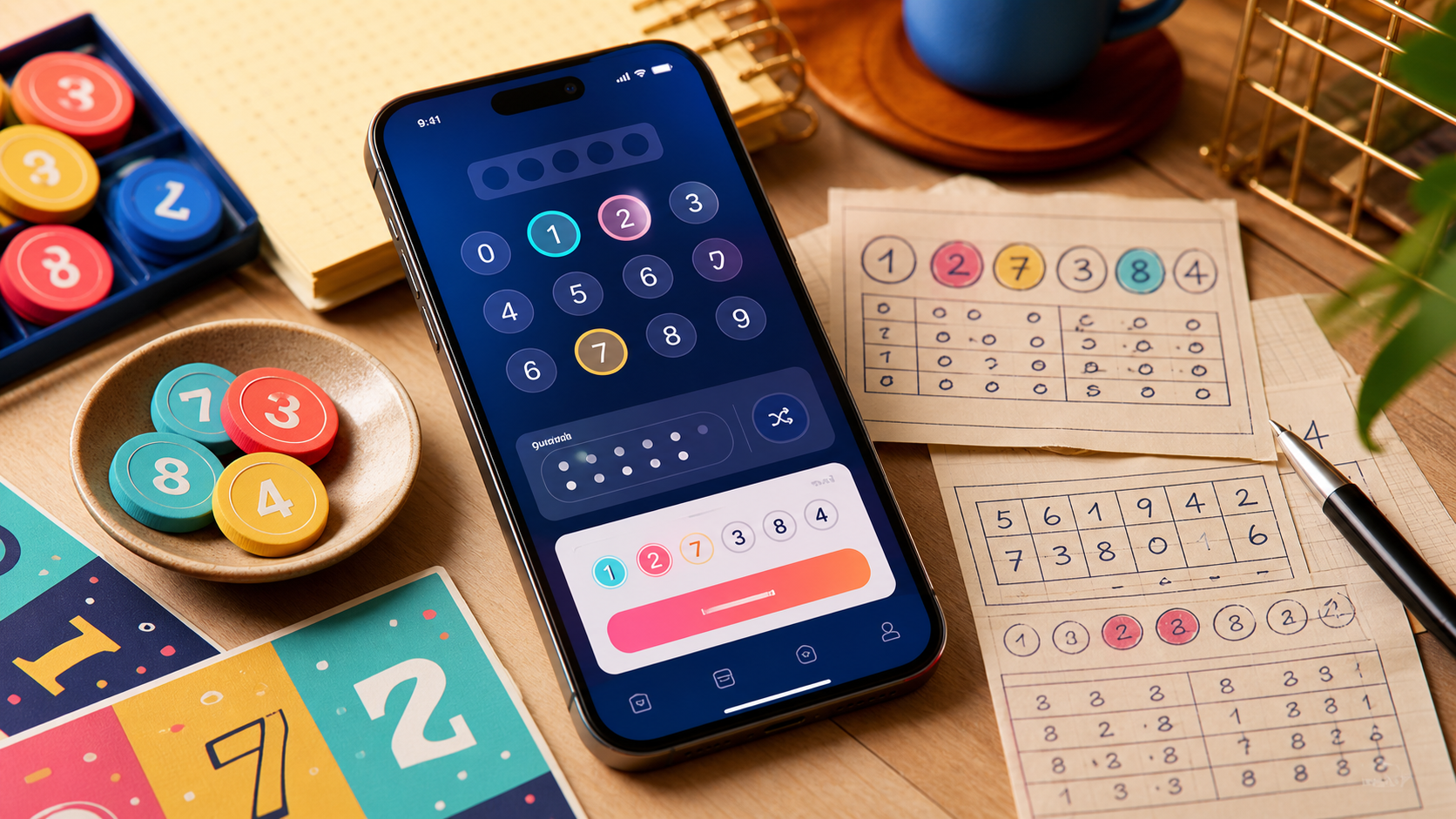 Mock lottery app on a desk with number chips and handwritten notes